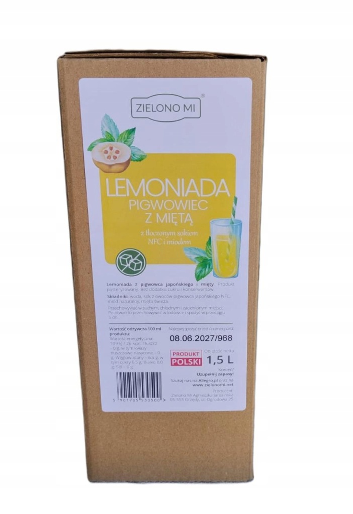 Pigwowcowa Lemoniada 1,5 l worek + karton - pigwowiec z miętą i miodem, orzeźwiający skład i smak